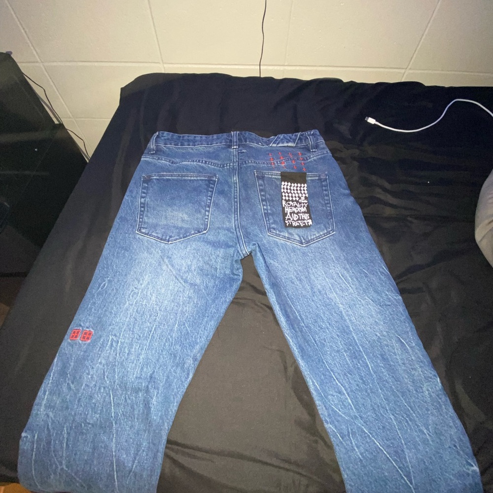 Ksubi Dark Blue Straight Jeans with Red Accents